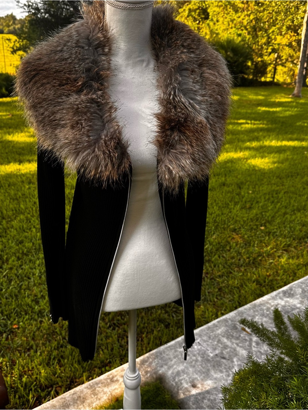 Black Women's Sweater with Faux Fur Collar